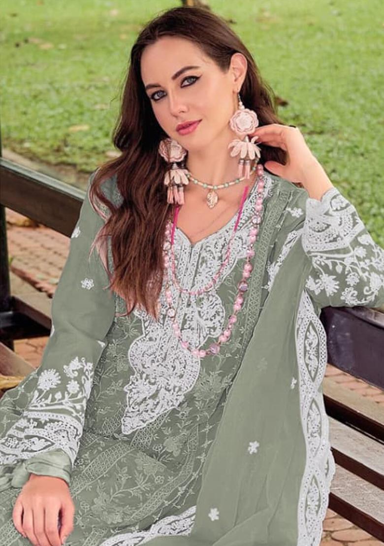 Green Embroidery Poly Blended Kurta Set - Indya