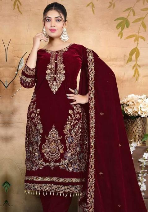 Red Embroidery Velvet Kurta Set