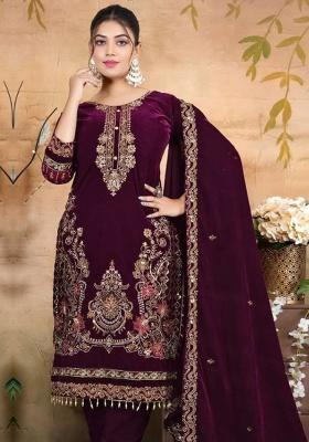 Purple Embroidery Velvet Kurta Set
