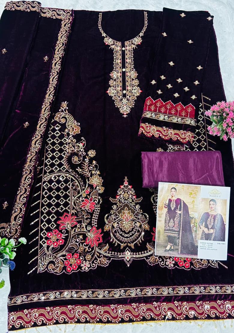 Purple Embroidered Velvet Pakistani Suit Set - Indya