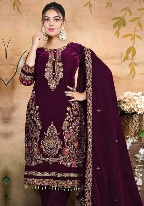 Purple Embroidery Velvet Kurta Set