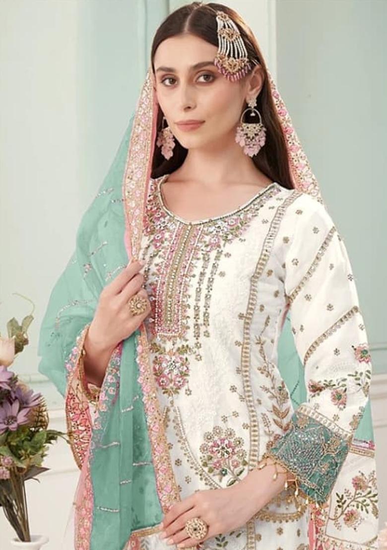 Light Blue Embroidery Georgette Kurta Set - Indya