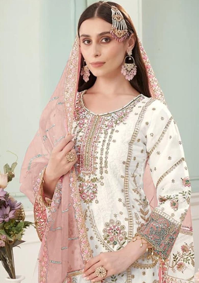 Pink Embroidery Georgette Kurta Set - Indya