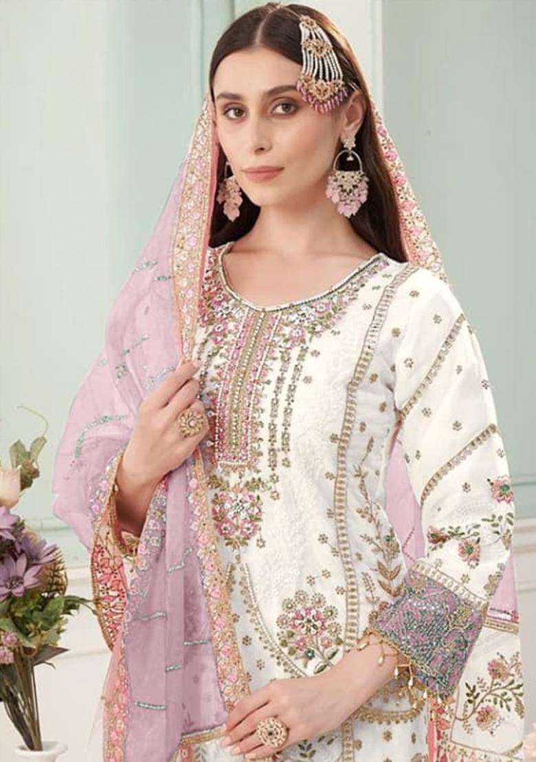 Purple Embroidery Georgette Kurta Set - Indya