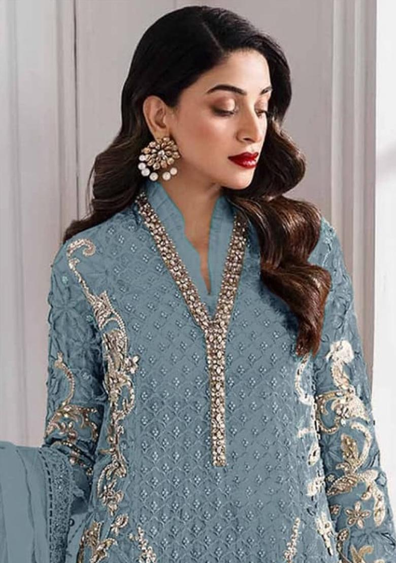 Blue Embroidery Georgette Kurta Set - Indya