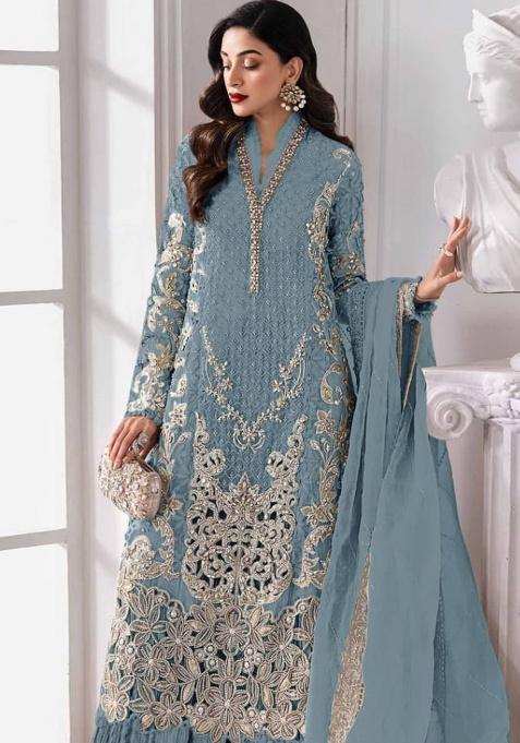 Blue Embroidery Georgette Kurta Set