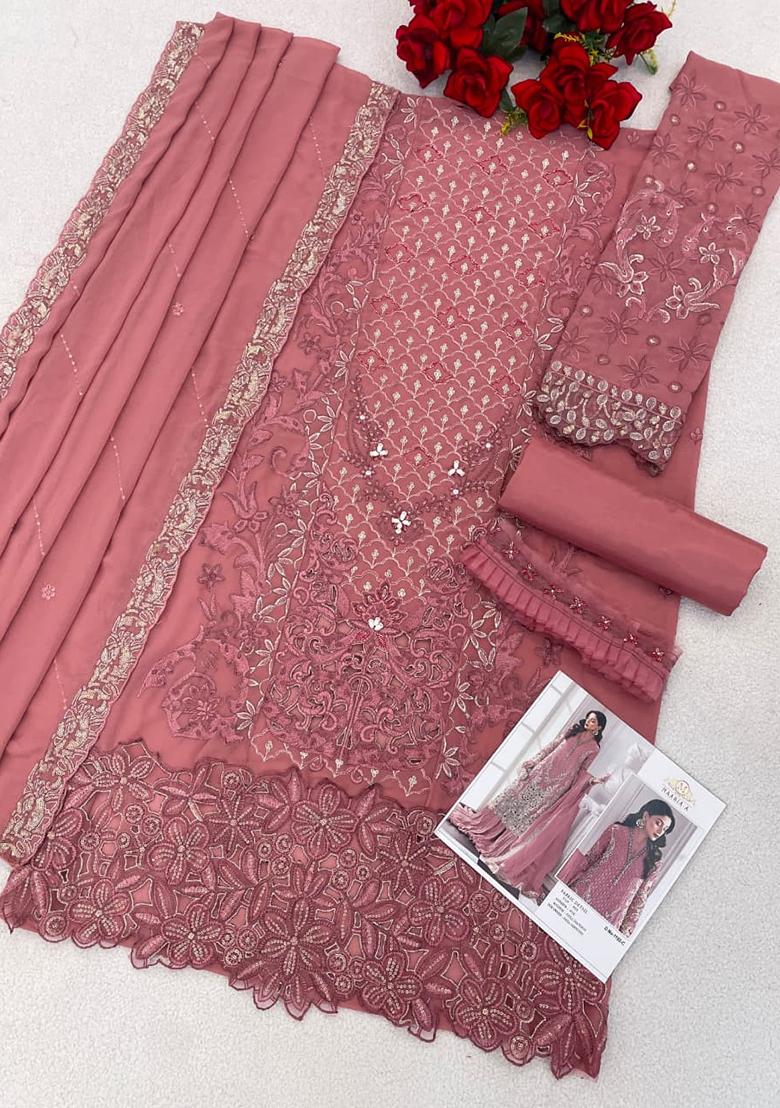 Pink Embroidery Georgette Kurta Set - Indya