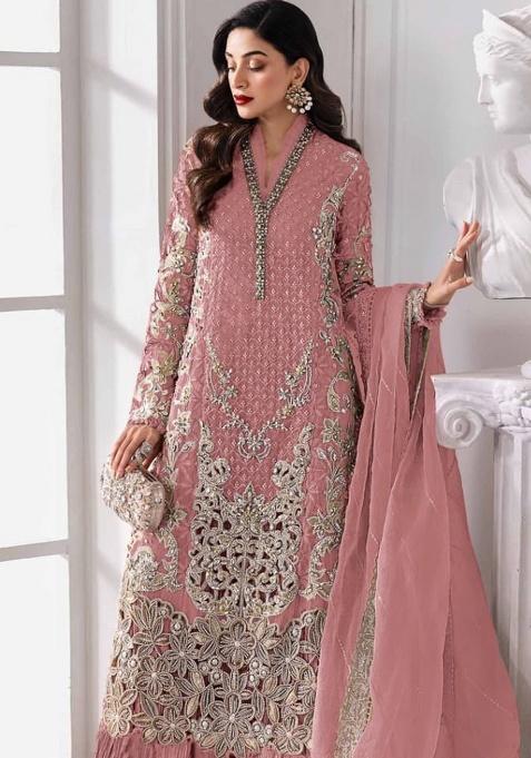 Pink Embroidery Georgette Kurta Set