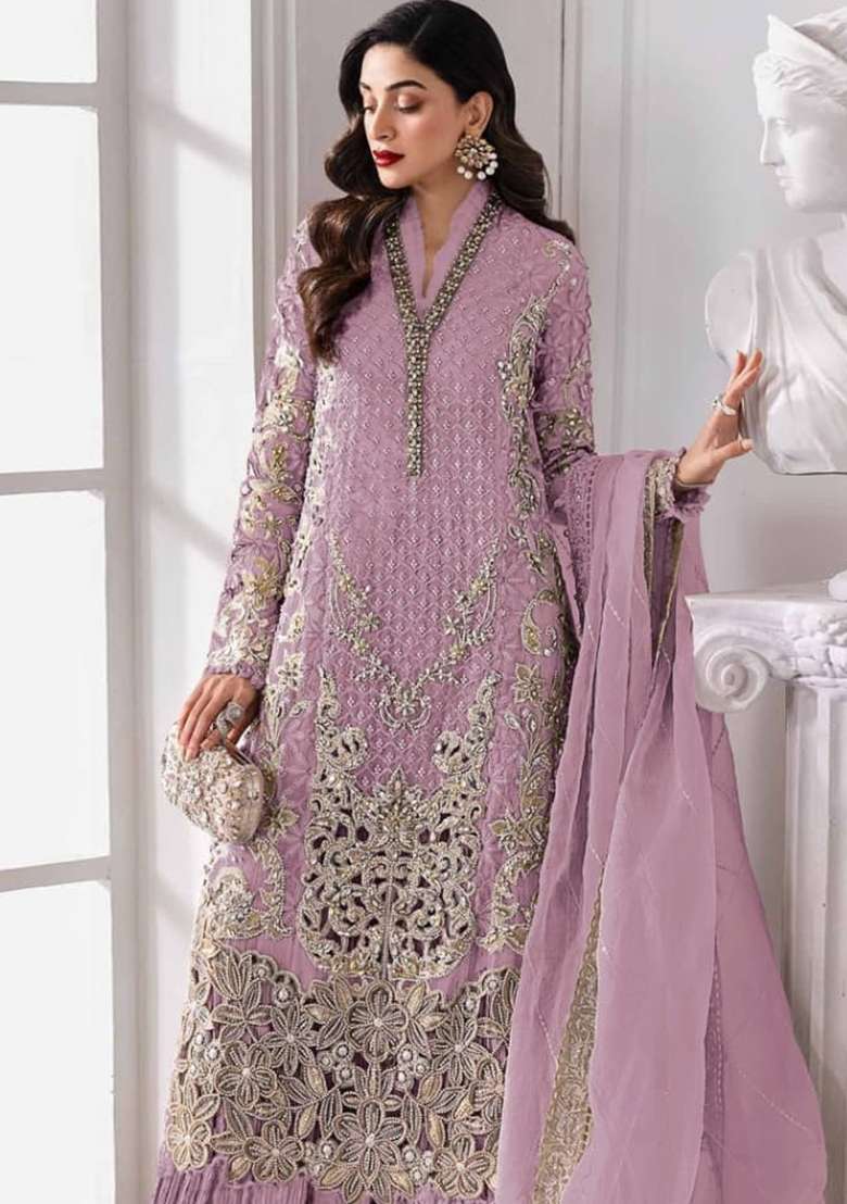 Purple Embroidered Georgette Pakistani Suit Set - Indya