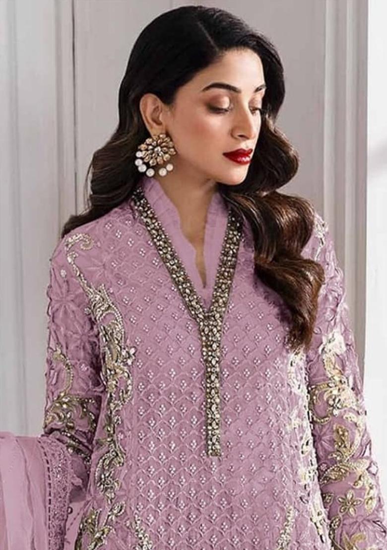 Purple Embroidery Georgette Kurta Set - Indya