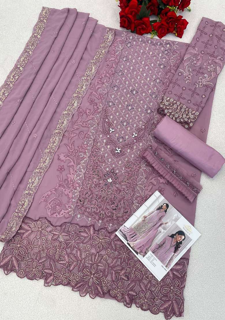 Purple Embroidered Georgette Pakistani Suit Set - Indya