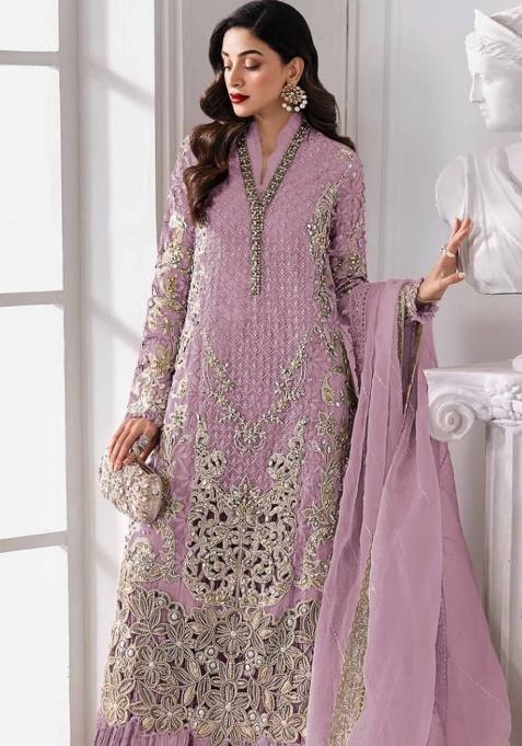 Purple Embroidered Georgette Pakistani Suit Set