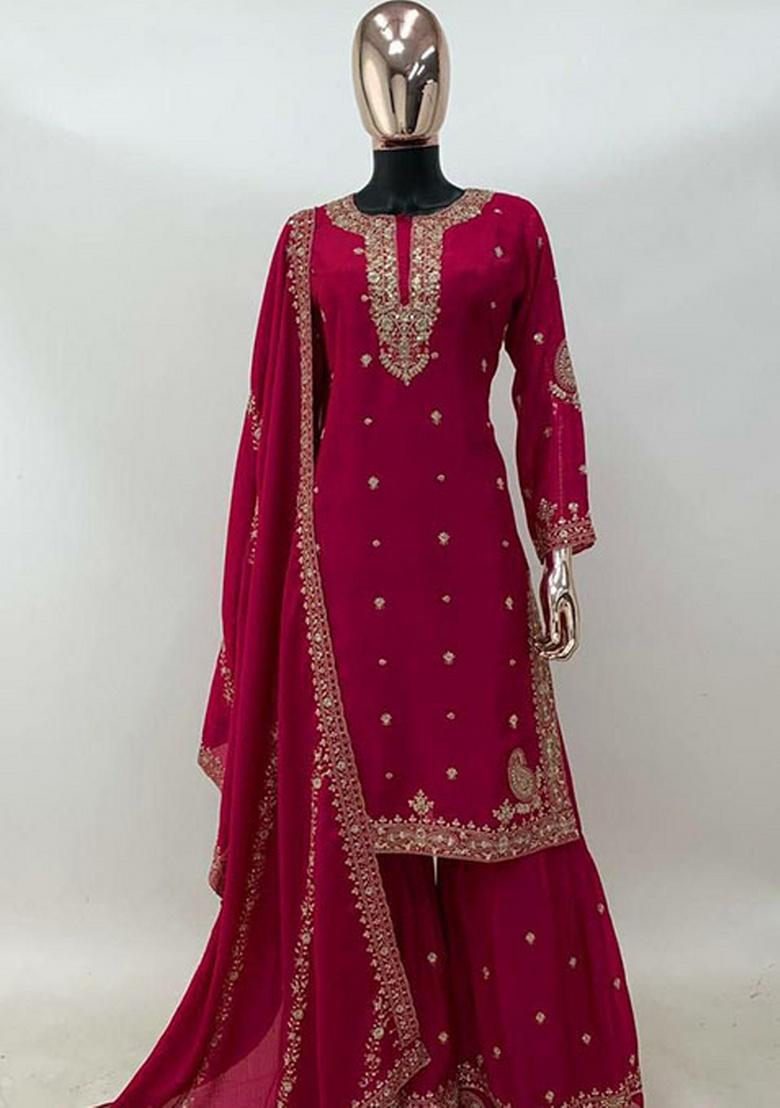 Pink Embroidery Chinnon Kurta Set - Indya