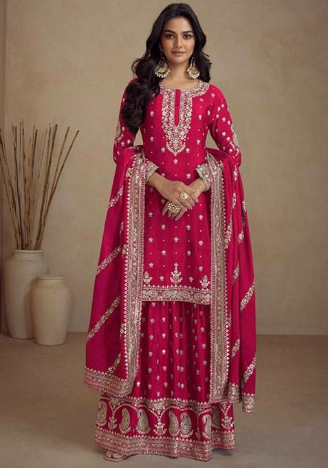 Pink Embroidery Chinnon Kurta Set