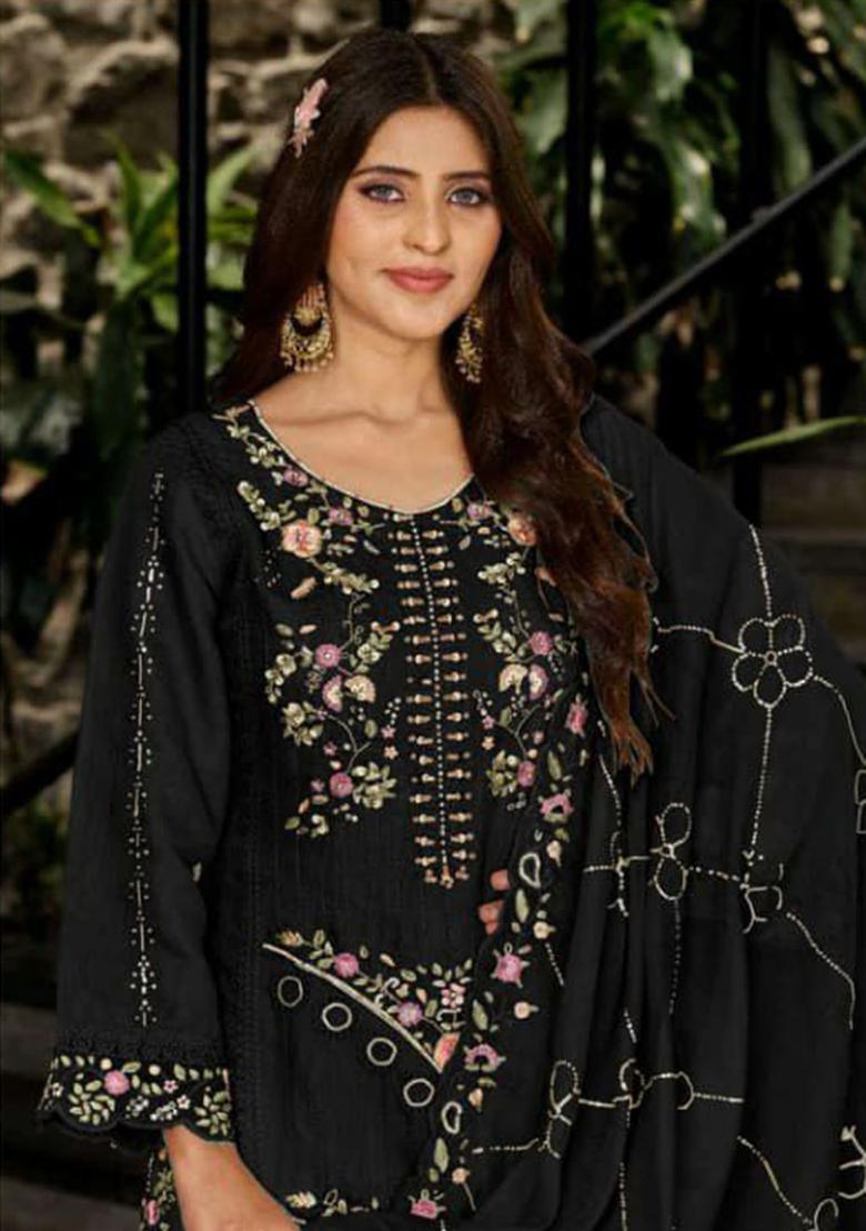 Black Embroidery Georgette Kurta Set - Indya