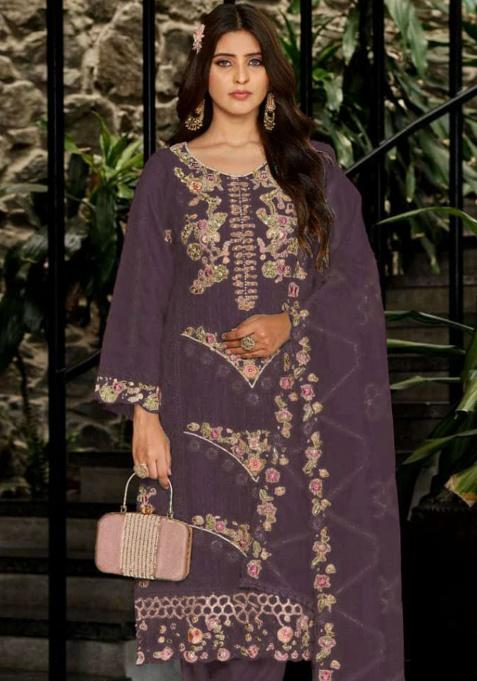 Purple Embroidery Georgette Kurta Set