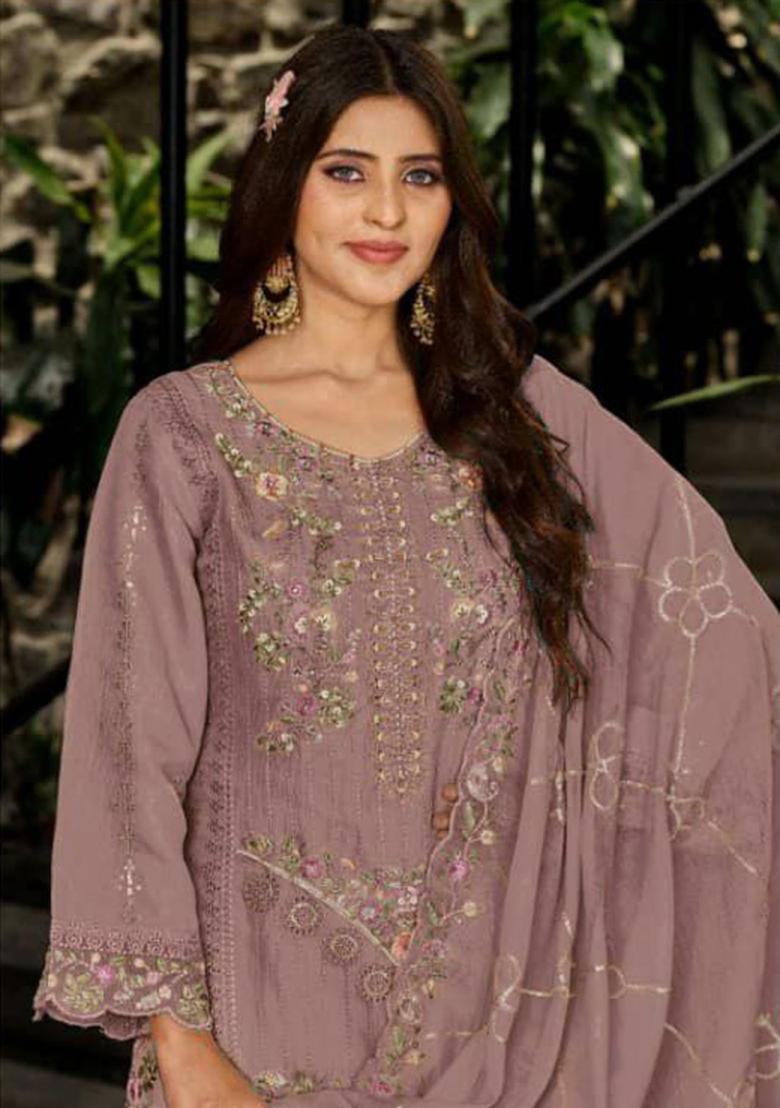 Pink Embroidery Georgette Kurta Set - Indya