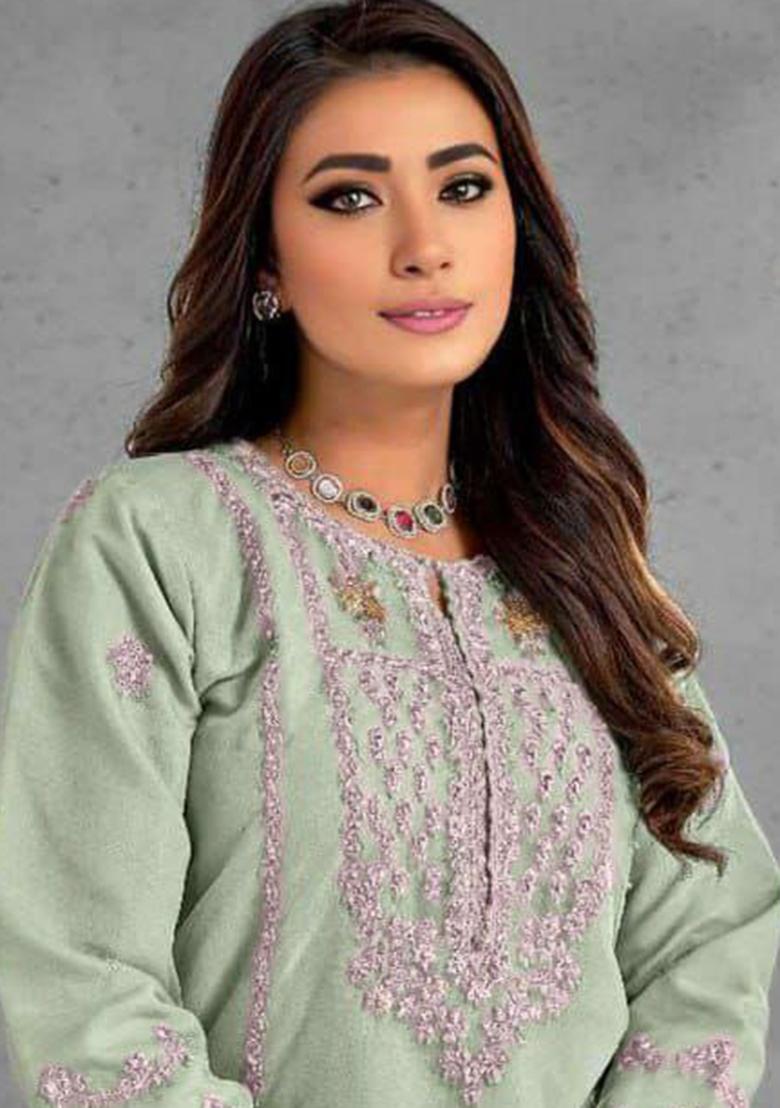 Light Green Embroidery Heavy Organza Kurta Set - Indya