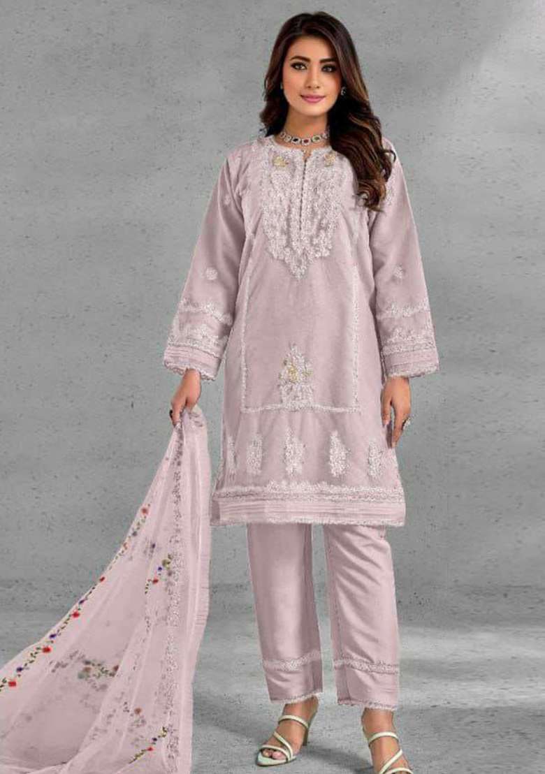 Pink Chikankari Organza Pakistani Suit Set - Indya