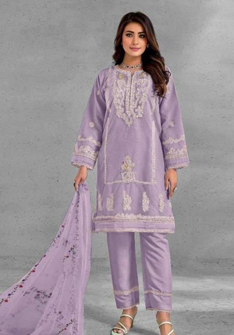 Purple Embroidery Heavy Organza Kurta Set