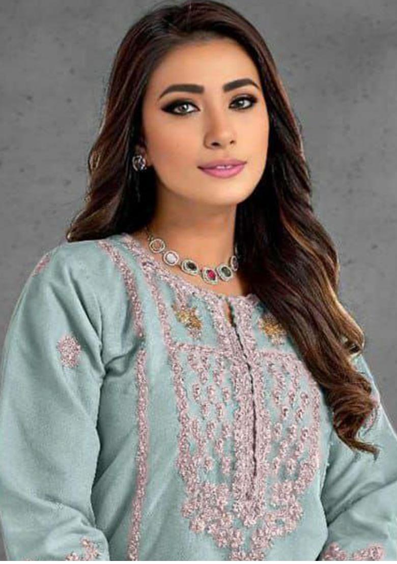 Blue Embroidery Heavy Organza Kurta Set - Indya