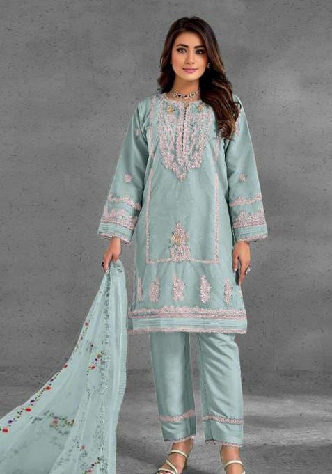 Blue Embroidery Heavy Organza Kurta Set