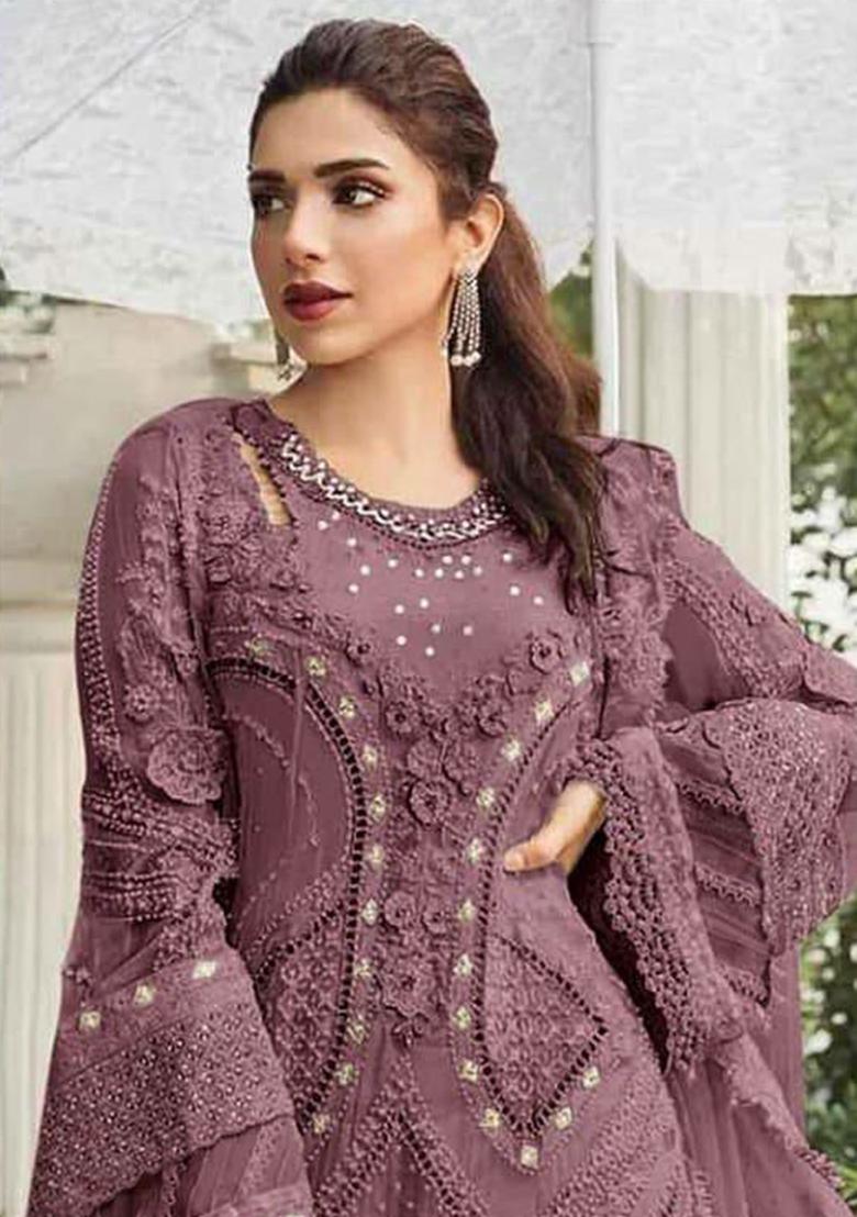 Purple Embroidery Georgette Kurta Set - Indya