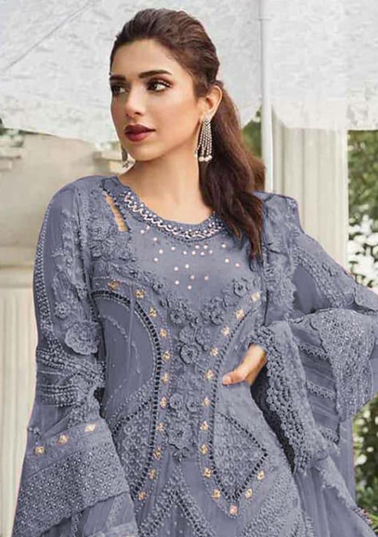 Lavender Embroidery Georgette Kurta Set - Indya