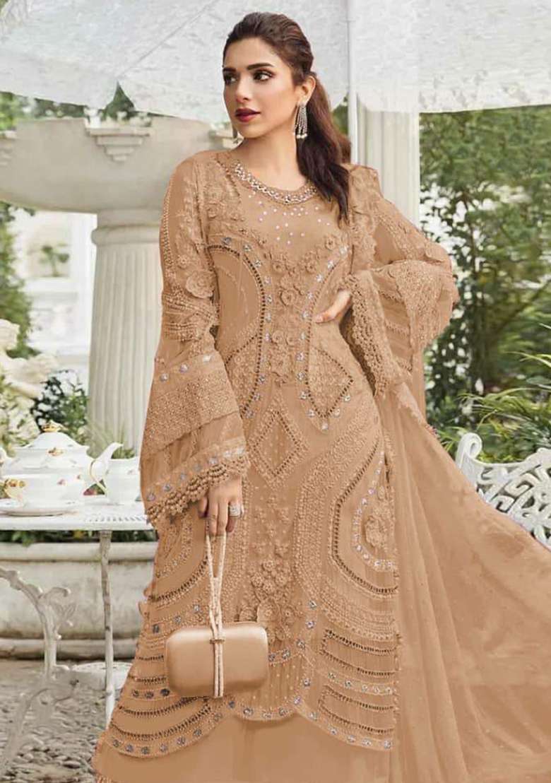 Brown Embroidered Georgette Pakistani Suit Set - Indya