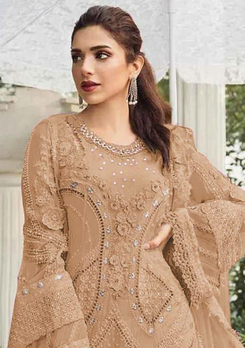 Brown Embroidery Georgette Kurta Set - Indya