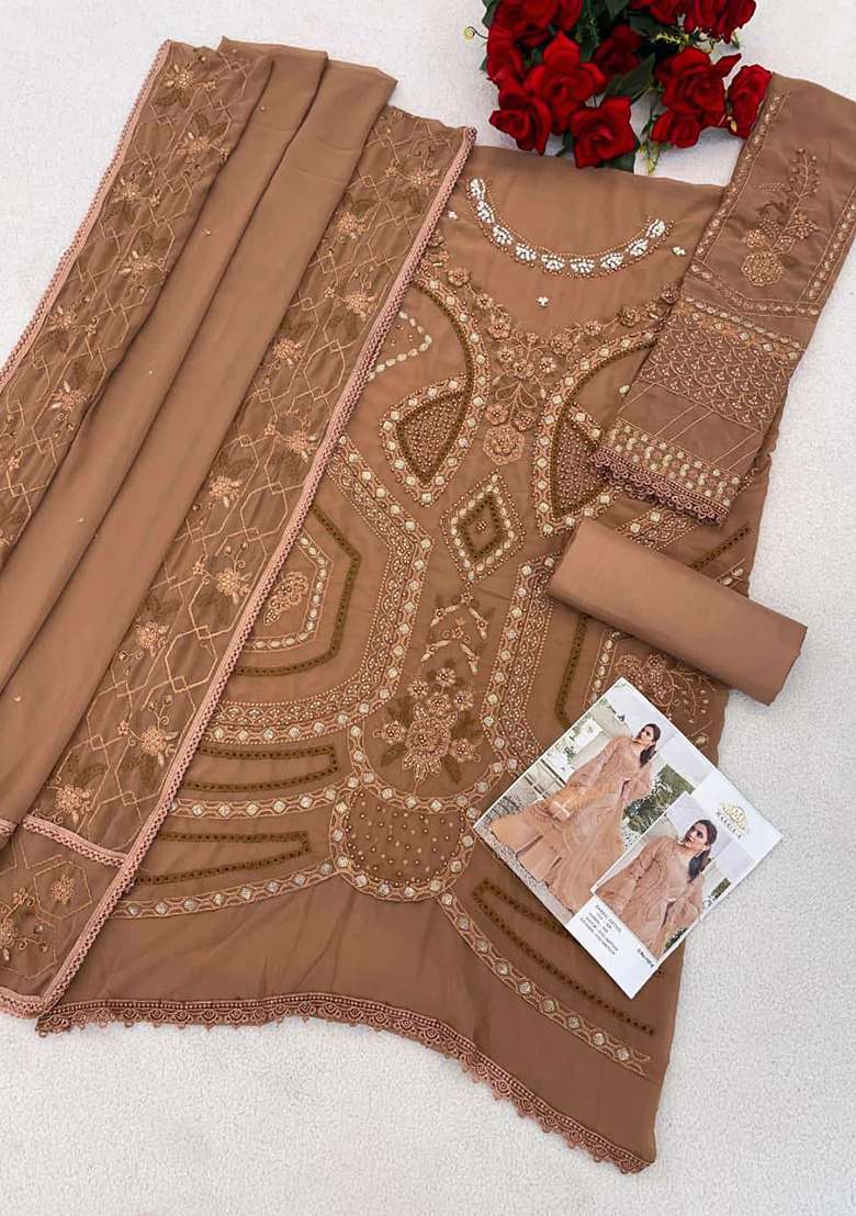 Brown Embroidered Georgette Pakistani Suit Set - Indya
