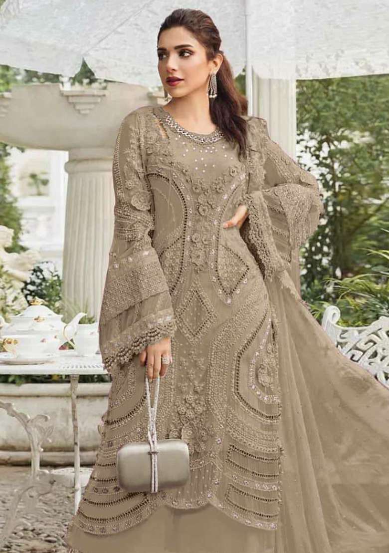 Dark Brown Embroidered Georgette Pakistani Suit Set - Indya