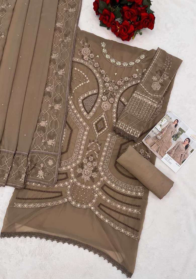 Dark Brown Embroidered Georgette Pakistani Suit Set - Indya