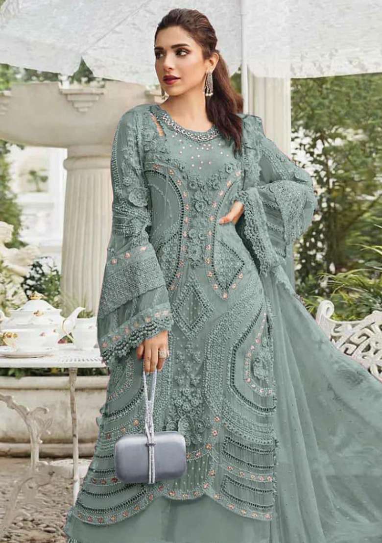 Grey Embroidered Georgette Pakistani Suit Set - Indya
