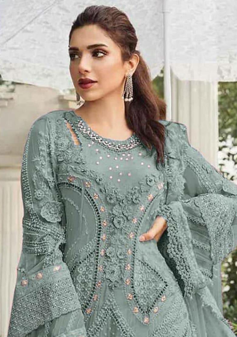 Grey Embroidery Georgette Kurta Set - Indya
