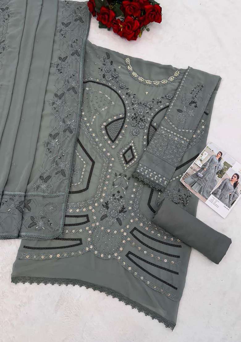 Grey Embroidered Georgette Pakistani Suit Set - Indya