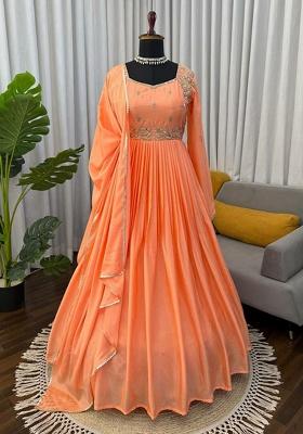 Orange Embroidery Chinnon Kurta Set