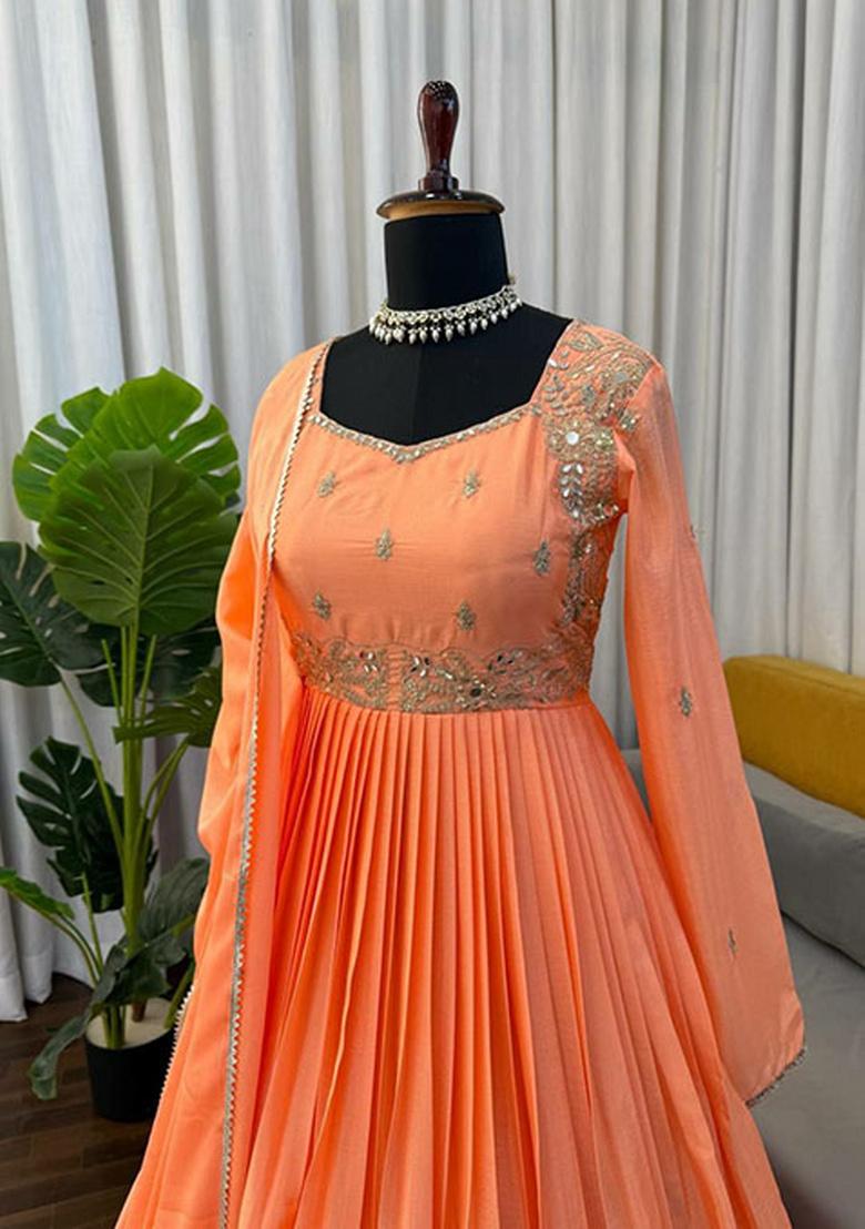 Orange Embroidery Chinnon Kurta Set - Indya