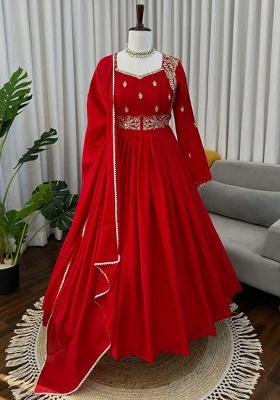 Red Embroidery Chinnon Kurta Set