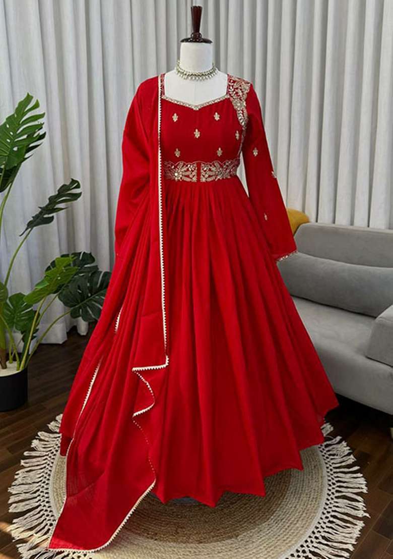Red Embroidered Chinon Anarkali Set - Indya