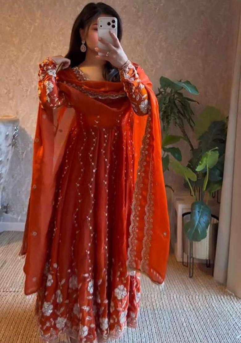 Orange Embroidered Silk Blend Anarkali Set - Indya