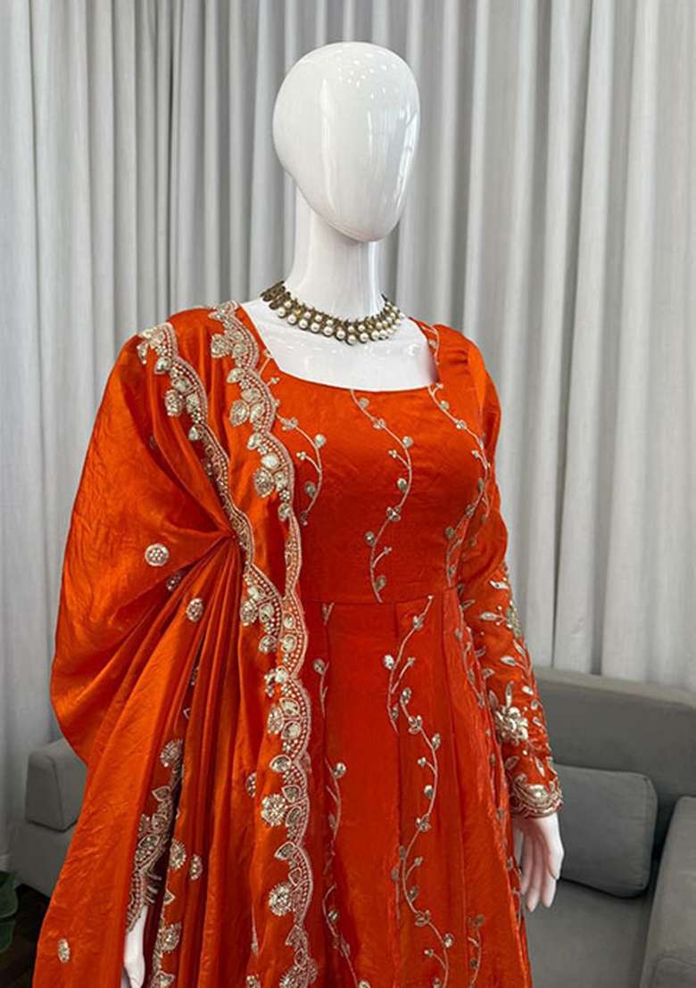 Orange Embroidered Silk Blend Anarkali Set - Indya