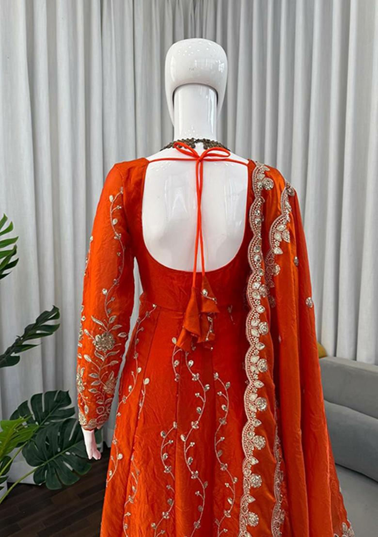 Orange Embroidery Silk Kurta Set - Indya