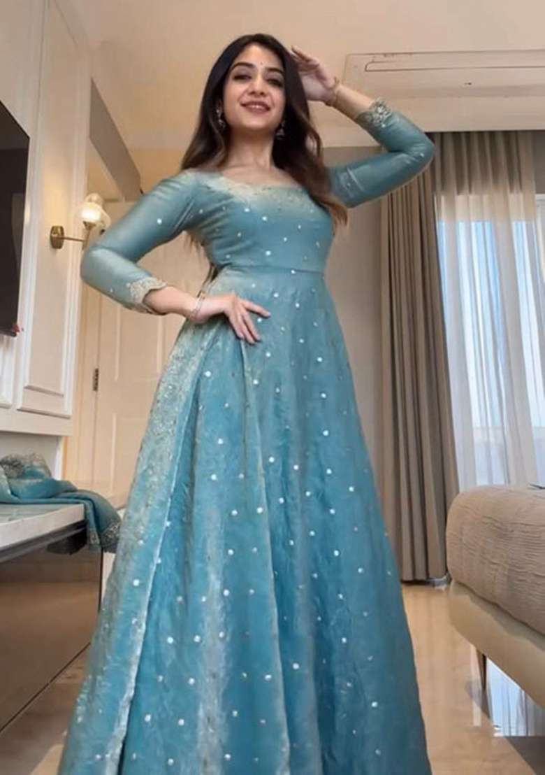 Blue Sequin Work Silk Blend Anarkali Set - Indya