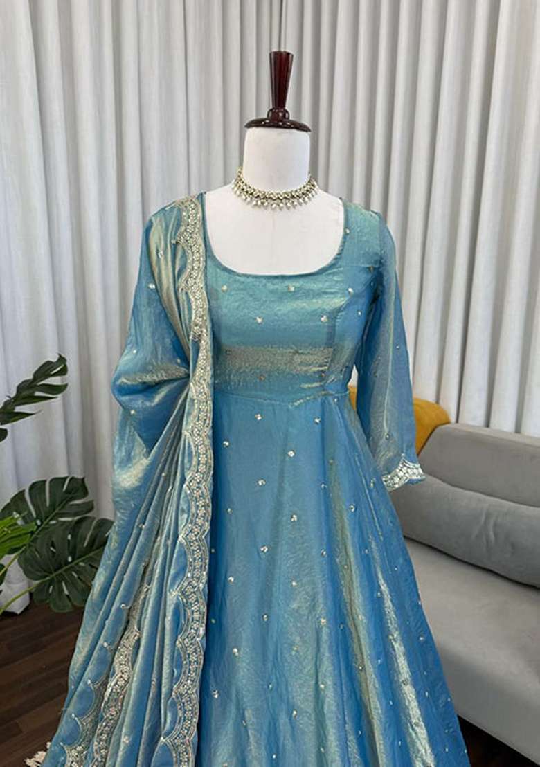 Blue Sequin Work Silk Blend Anarkali Set - Indya
