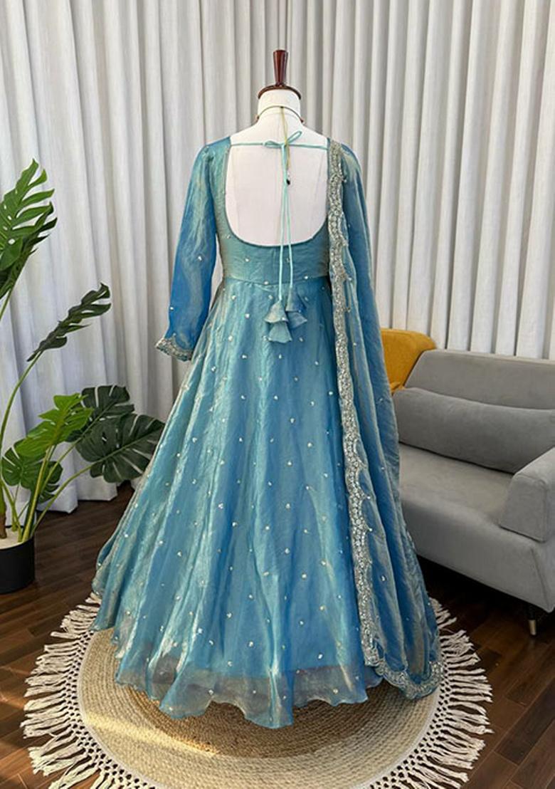 Blue Embroidery Silk Kurta Set - Indya