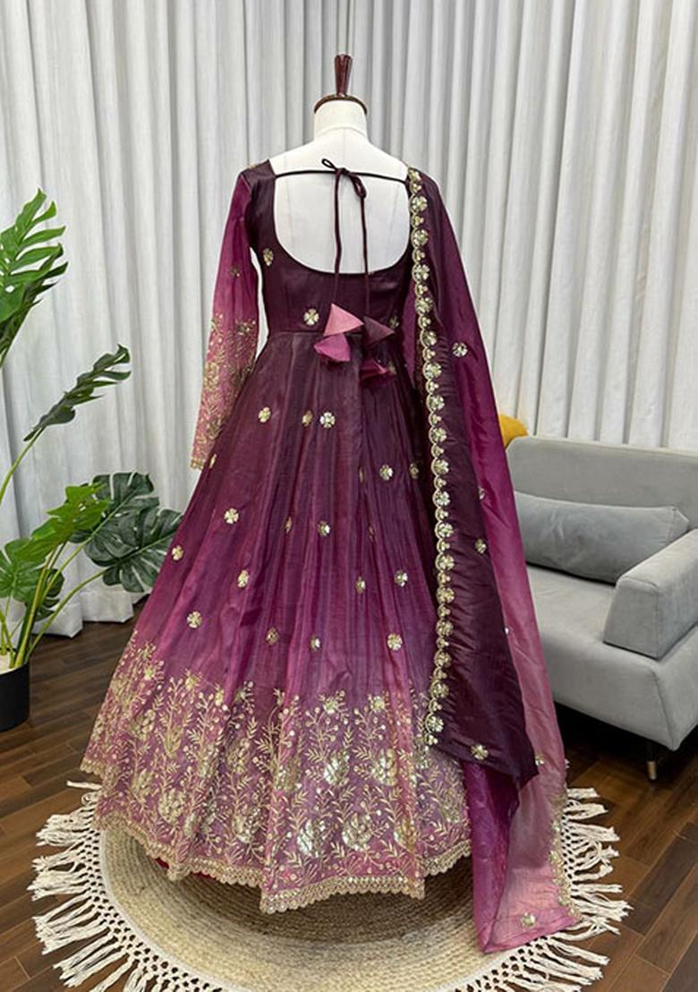 Purple Embroidery Silk Kurta Set - Indya