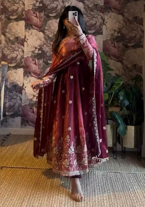 Purple Embroidery Silk Kurta Set