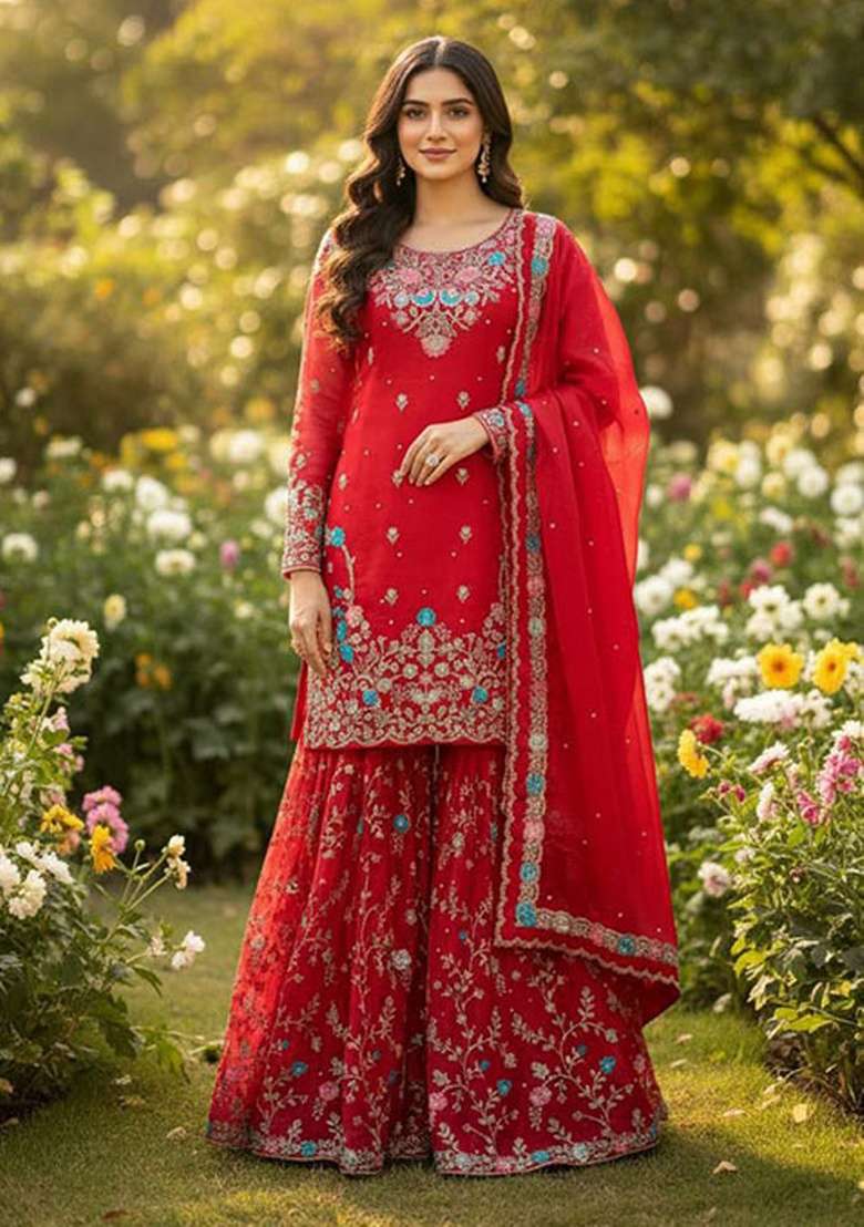 Red Embroidered Silk Blend Sharara Set - Indya