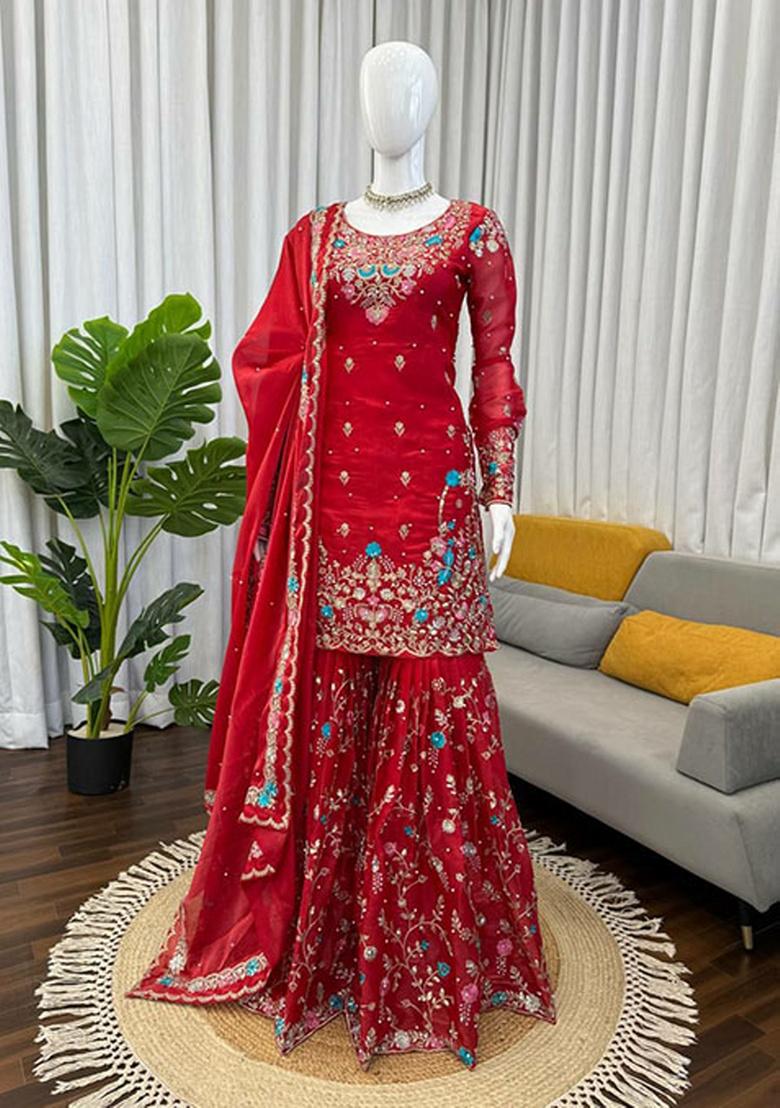 Red Embroidery Silk Kurta Set - Indya